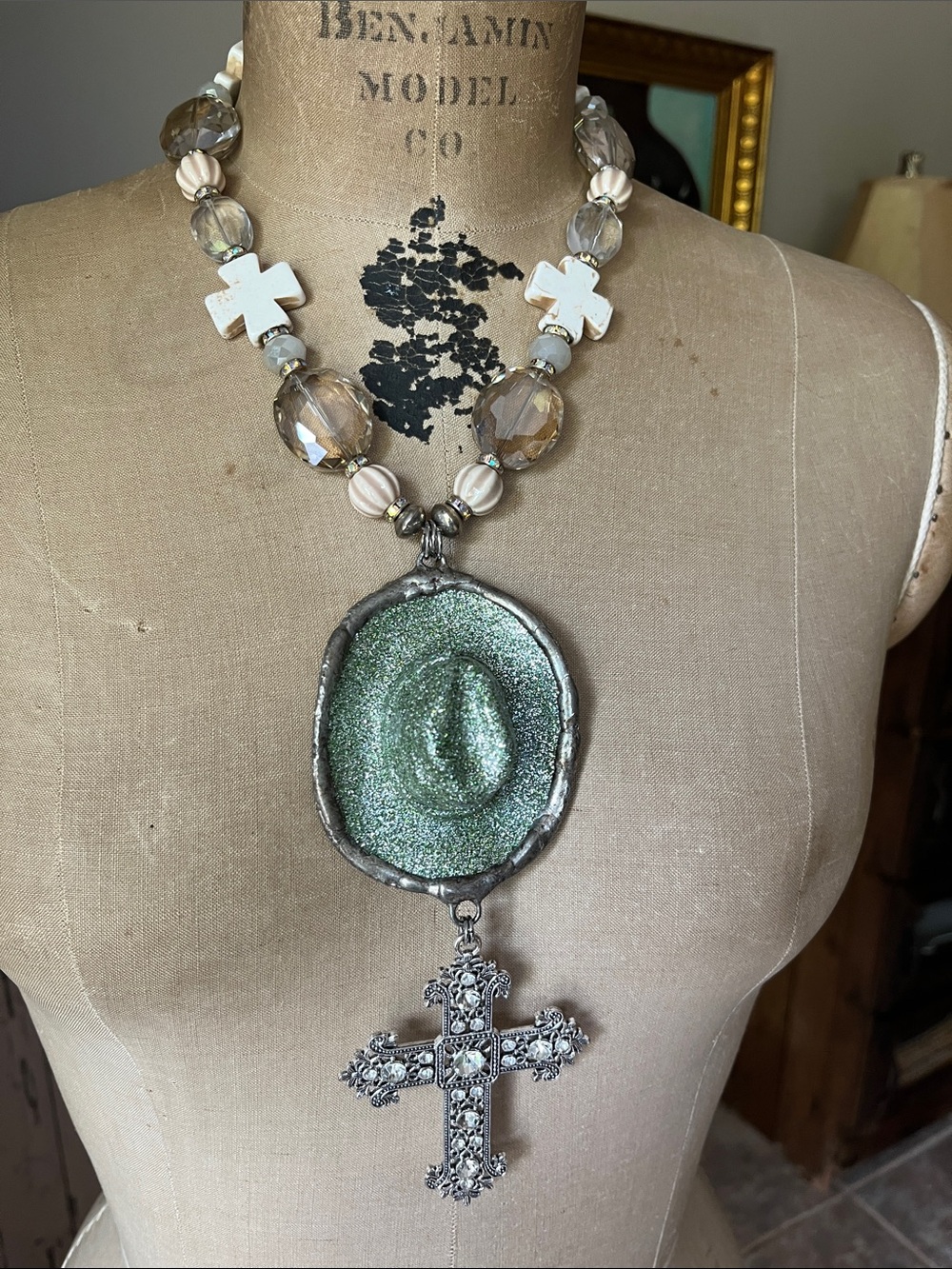 Katrina Bold Cowboy Hat Necklace with Cross Charm - mixed gems Women Jewelry